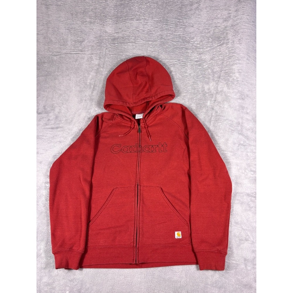 Y2K Carhartt Full Zip Hoodie Sweatshirt Womens L Red Raglan Sleeve Hooded
